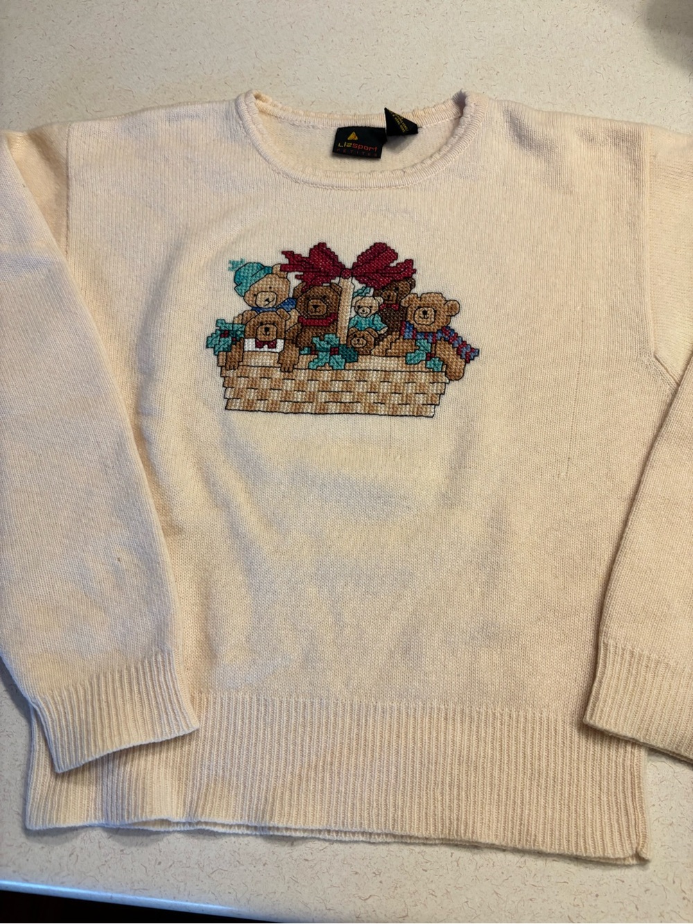 Liz sport lambswool Cream Teddy Basket Knit Sweater